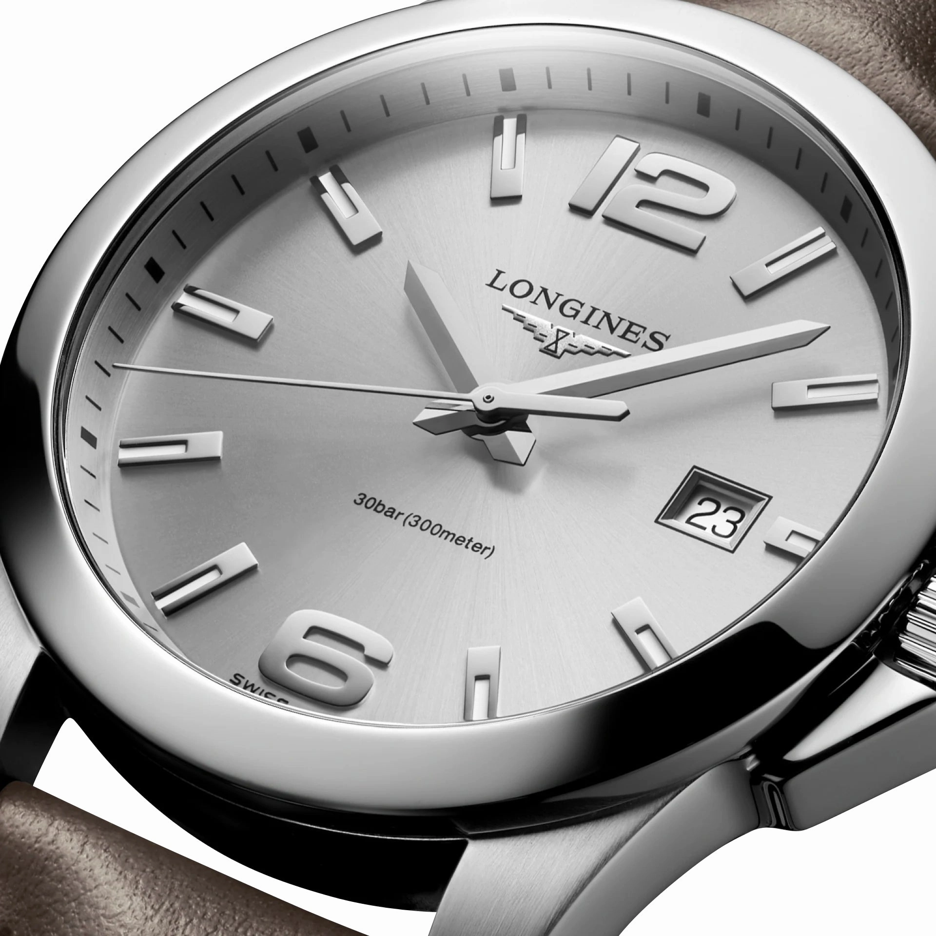 Longines Conquest Stainless Steel Silver Dial Brown Leather Strap Date Divers Quartz Mens Watch L3.759.4.76.5