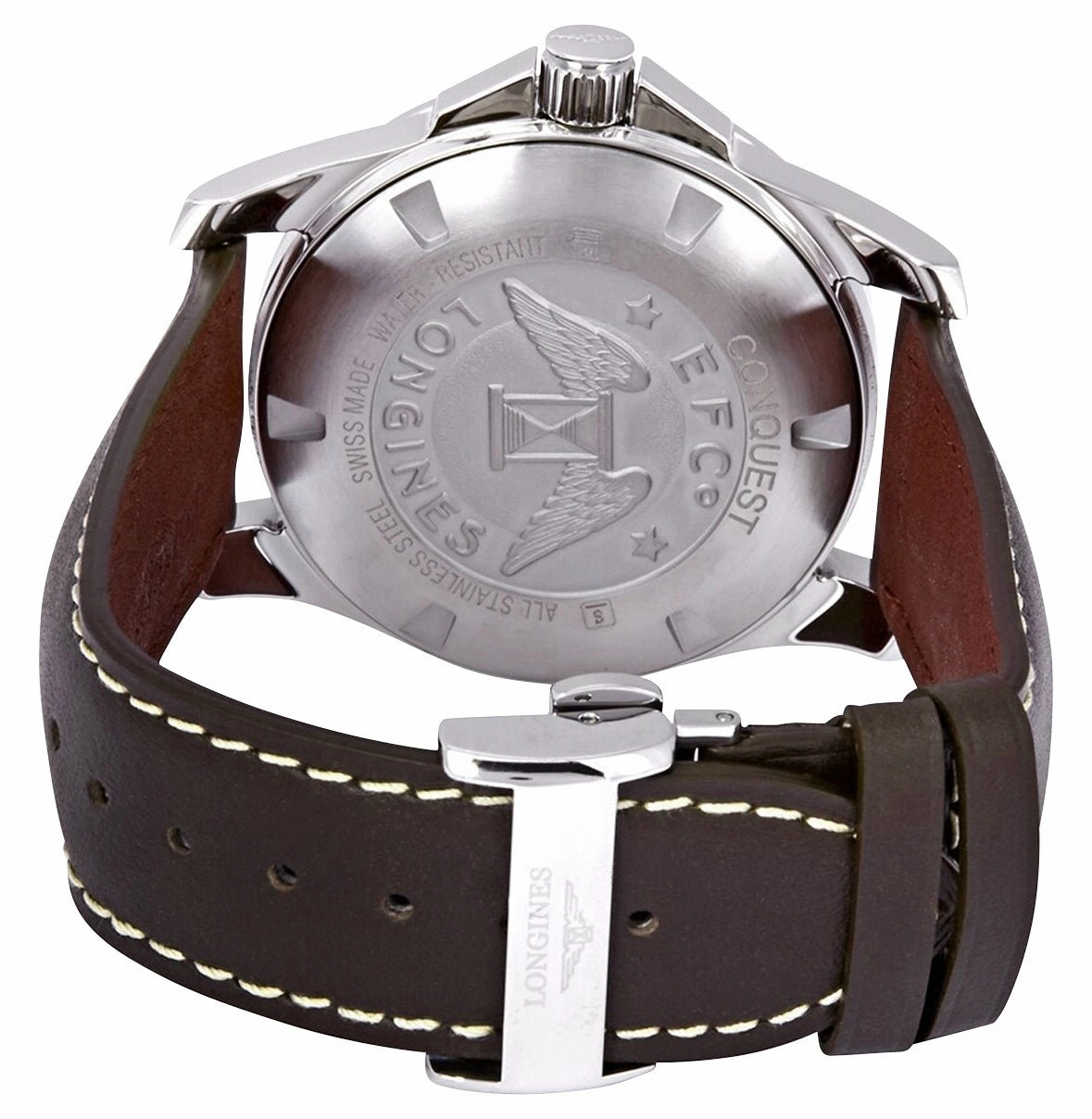 Longines Conquest Stainless Steel Silver Dial Brown Leather Strap Date Divers Quartz Mens Watch L3.759.4.76.5