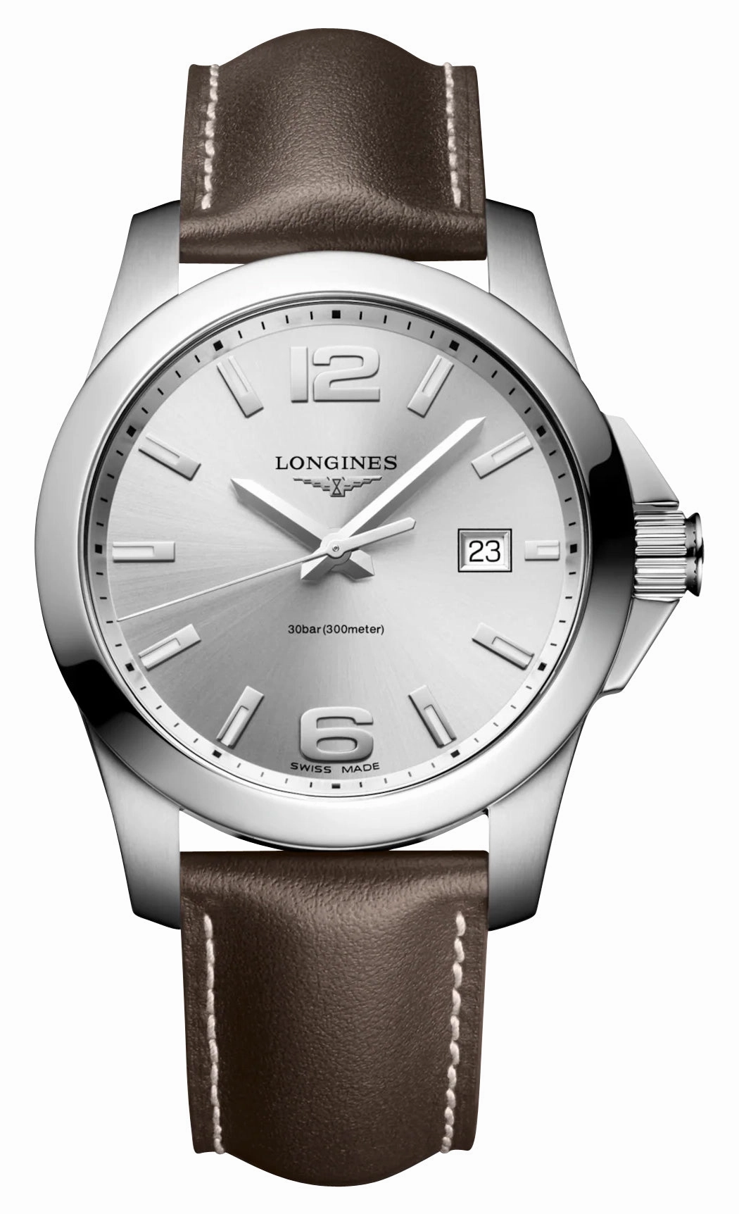 Longines Conquest Stainless Steel Silver Dial Brown Leather Strap Date Divers Quartz Mens Watch L3.759.4.76.5