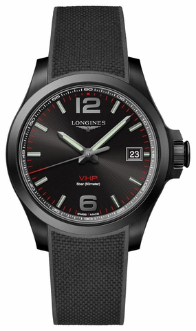 Longines Conquest V.H.P. Black PVD Black Dial Black Rubber Strap Perpetual Calendar Date Quartz Mens Watch L3.716.2.56.9
