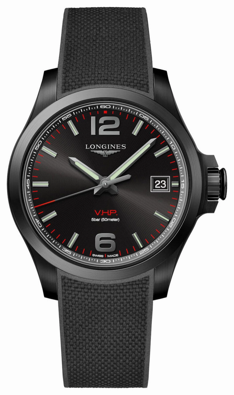 Longines Conquest V.H.P. Black PVD Black Dial Black Rubber Strap Perpetual Calendar Date Quartz Mens Watch L3.716.2.56.9