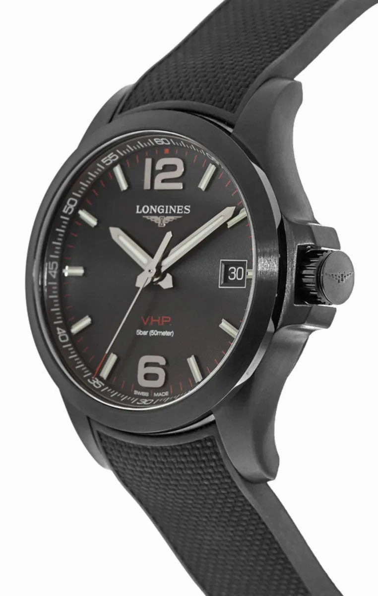 Longines Conquest V.H.P. Black PVD Black Dial Black Rubber Strap Perpetual Calendar Date Quartz Mens Watch L3.716.2.56.9