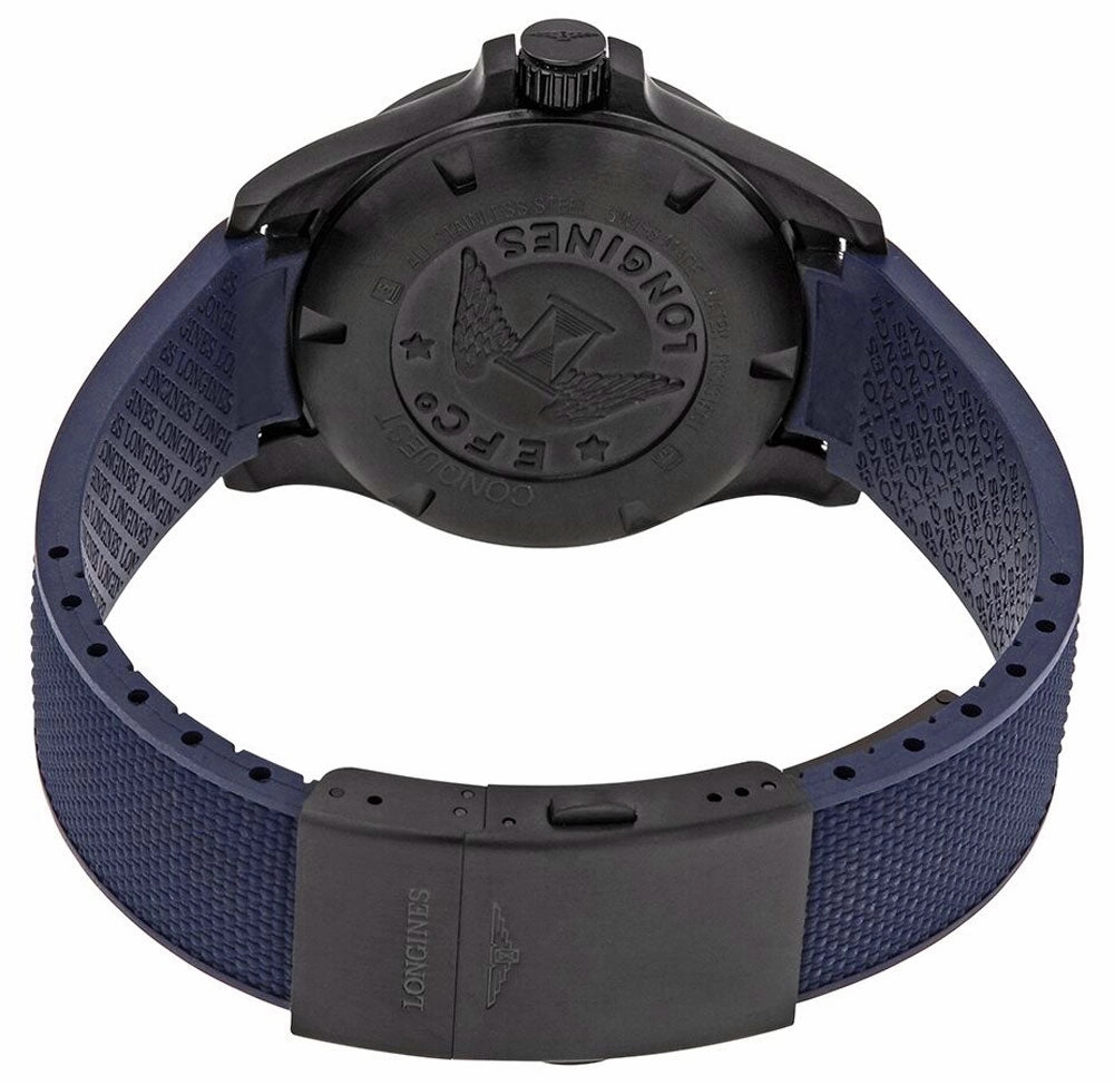 Longines Conquest V.H.P. Black PVD Blue Rubber Strap Blue Dial Perpetual Calendar Date Quartz Mens Watch L3.716.2.96.9