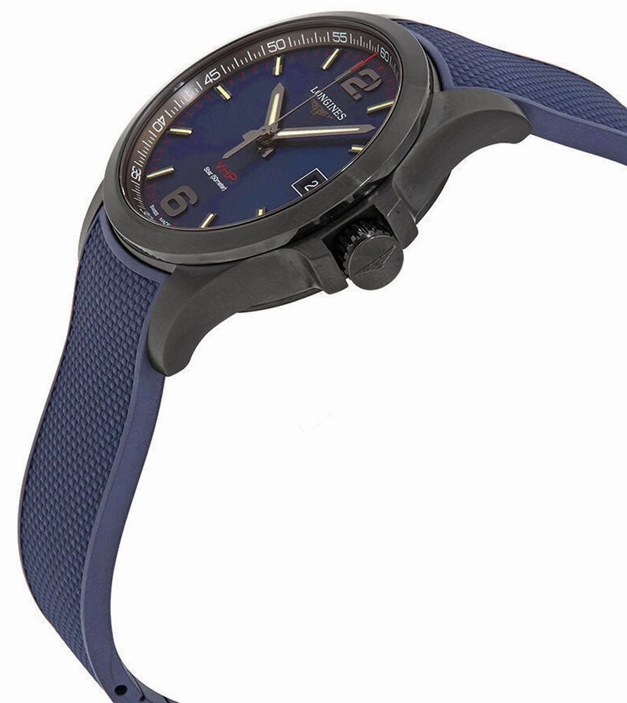 Longines Conquest V.H.P. Black PVD Blue Rubber Strap Blue Dial Perpetual Calendar Date Quartz Mens Watch L3.716.2.96.9