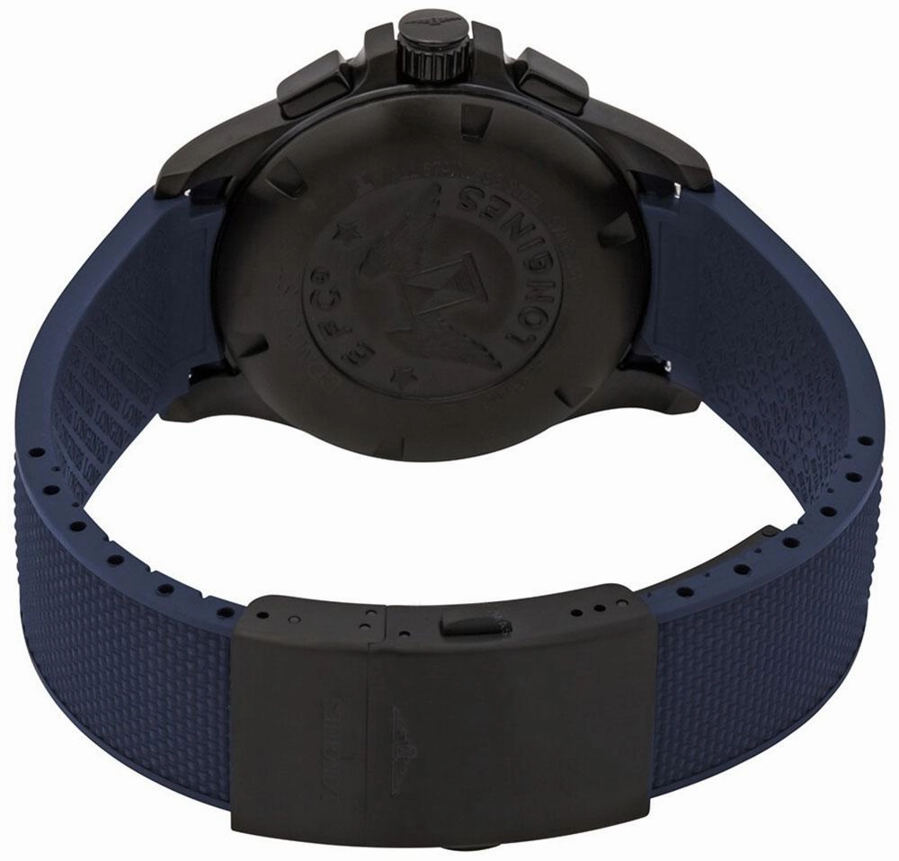 Longines Conquest V.H.P. Chronograph Black PVD Blue Rubber Strap Blue Dial Perpetual Calendar Date Quartz Mens Watch L3.717.2.96.9