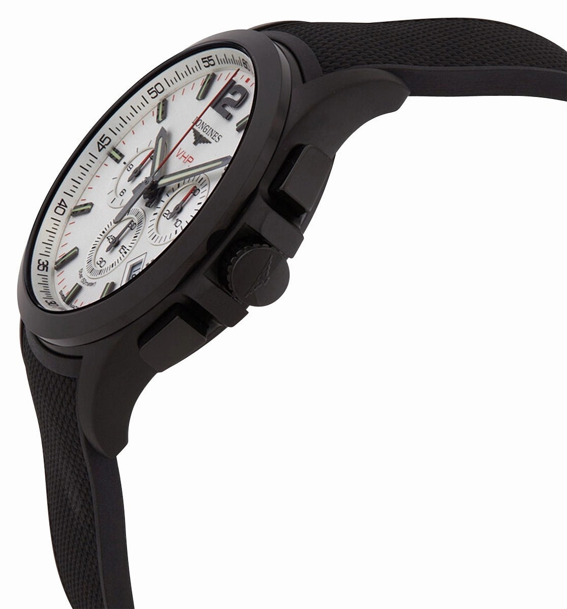 Longines Conquest V.H.P. Chronograph Black PVD Silver Dial Black Rubber Strap Perpetual Calendar Date Quartz Mens Watch L3.727.2.76.9