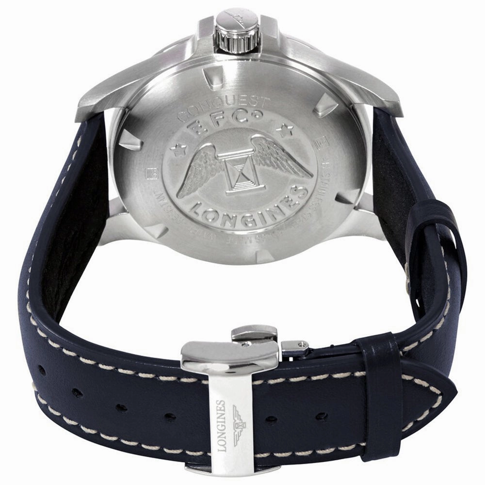 Longines Conquest V.H.P. Stainless Steel Blue Dial Blue Leather Strap Perpetual Calendar Date Quartz Mens Watch L3.716.4.96.0
