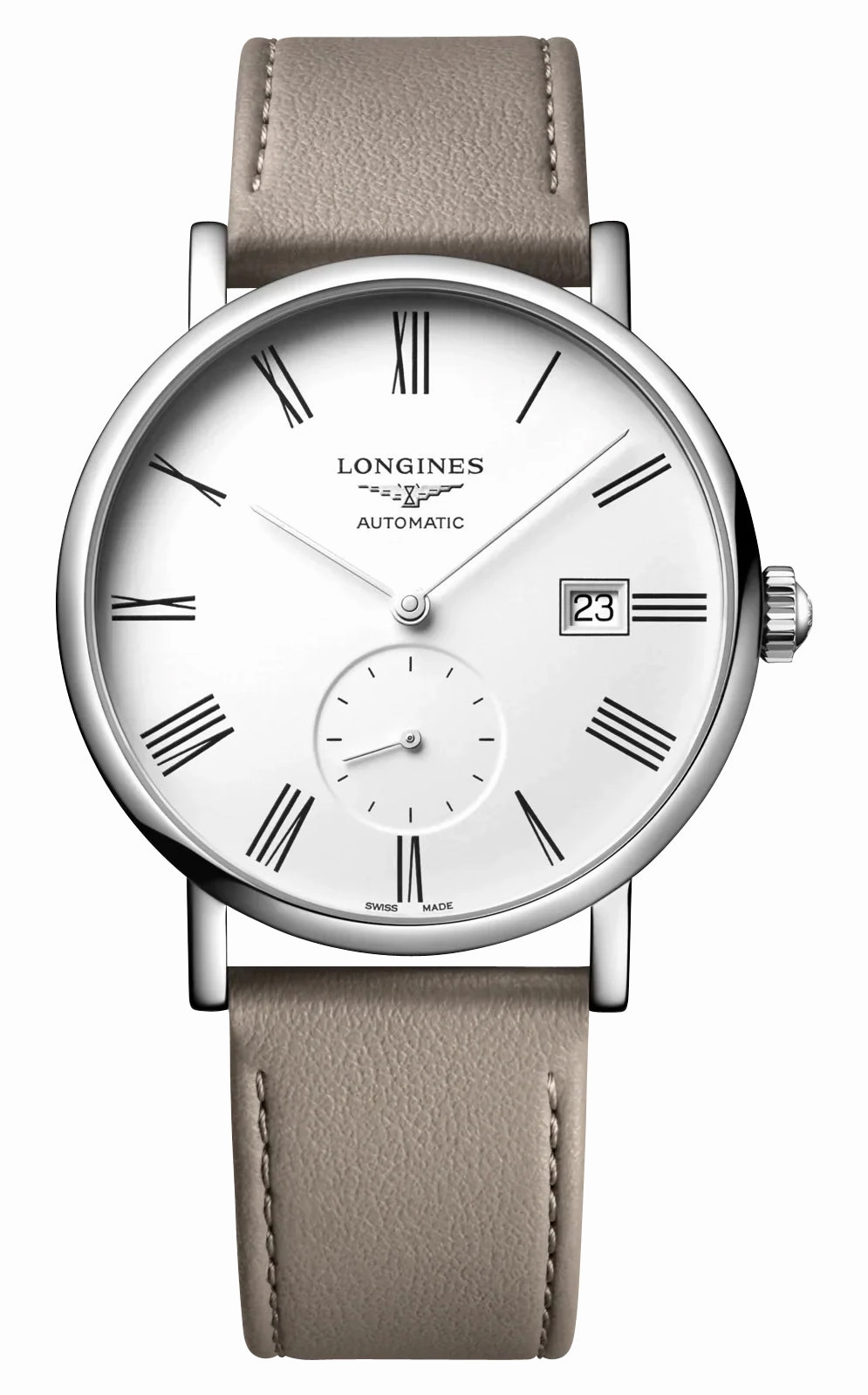 Longines Elegant Automatic Stainless Steel White Dial Beige Leather Strap Date Unisex Watch L4.812.4.11.2