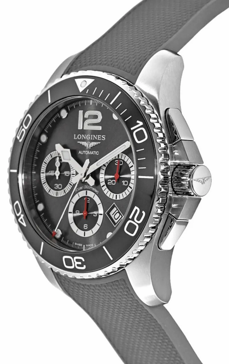 Longines HydroConquest Automatic Chronograph Stainless Steel Grey Rubber Strap Grey Dial Date Divers Mens Watch L3.783.4.76.9