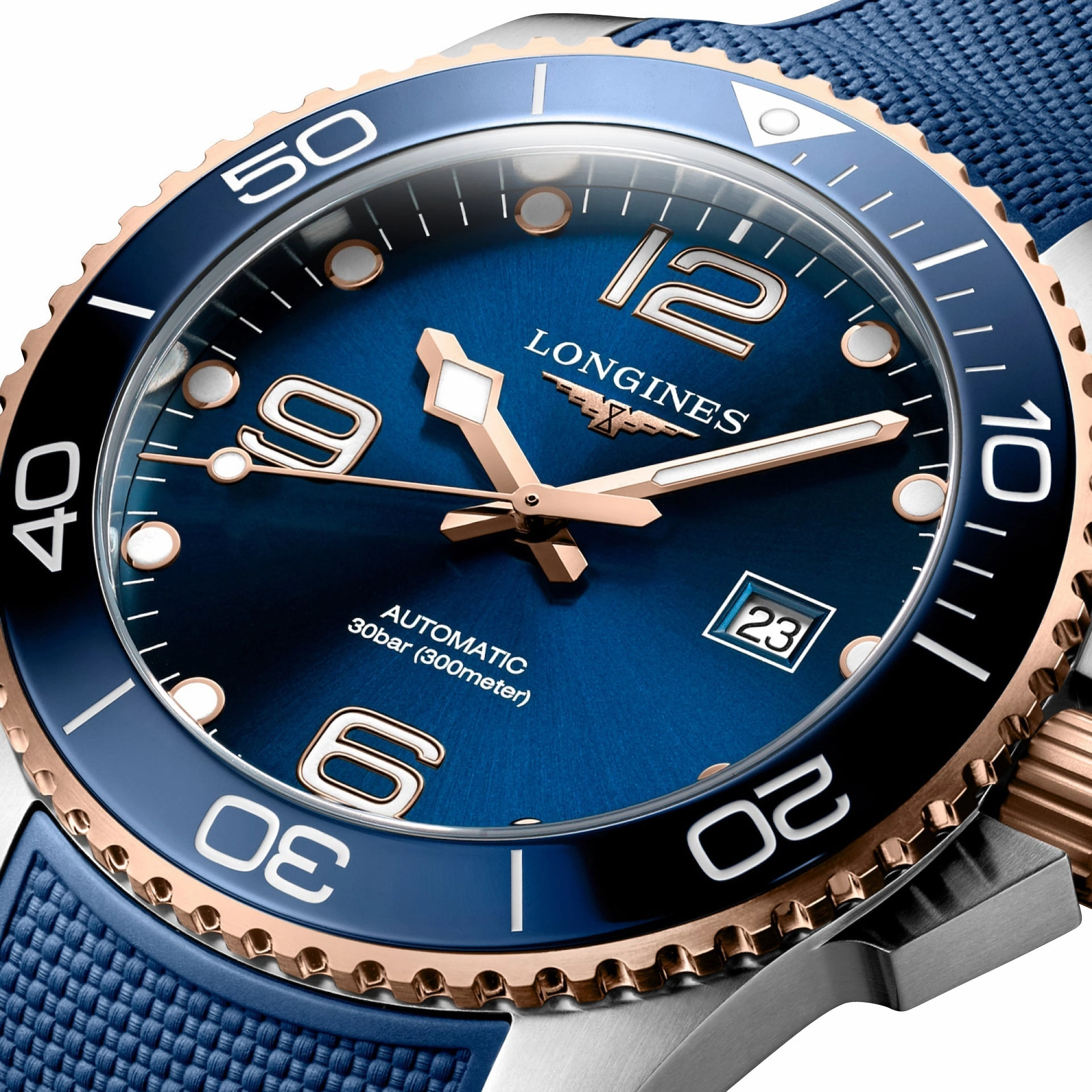 Longines HydroConquest Automatic Stainless Steel & Rose Gold PVD Blue Dial Blue Rubber Strap Date Divers Mens Watch L3.782.3.98.9