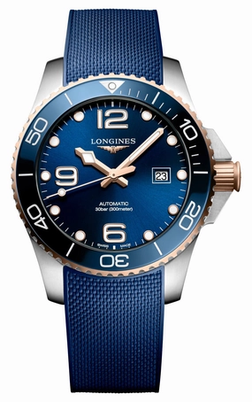 Longines HydroConquest Automatic Stainless Steel & Rose Gold PVD Blue Dial Blue Rubber Strap Date Divers Mens Watch L3.782.3.98.9