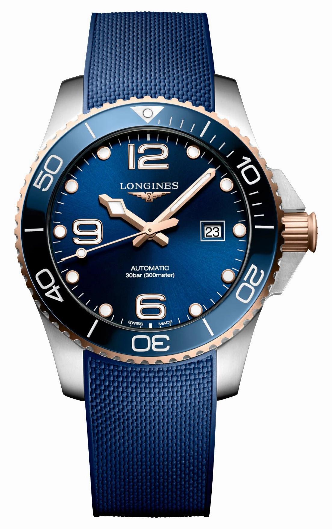 Longines HydroConquest Automatic Stainless Steel & Rose Gold PVD Blue Dial Blue Rubber Strap Date Divers Mens Watch L3.782.3.98.9