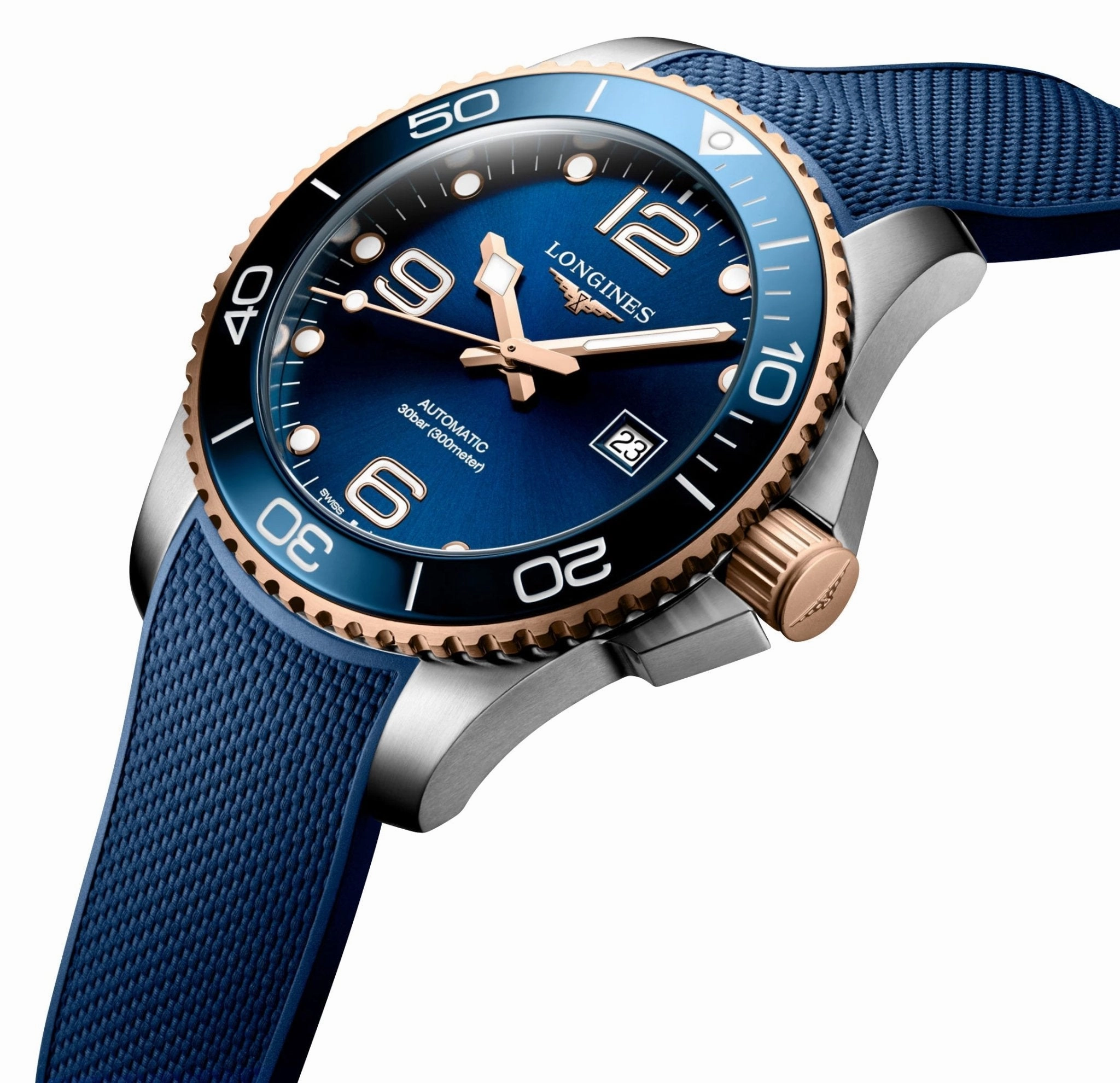 Longines HydroConquest Automatic Stainless Steel & Rose Gold PVD Blue Dial Blue Rubber Strap Date Divers Mens Watch L3.782.3.98.9