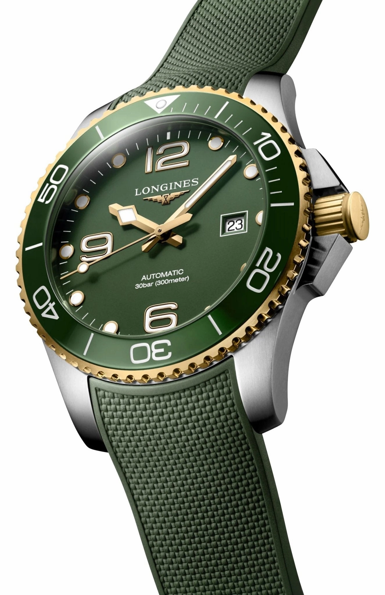 Longines HydroConquest Automatic Stainless Steel & Yellow Gold PVD Green Dial Green Rubber Strap Date Divers Mens Watch L3.782.3.06.9