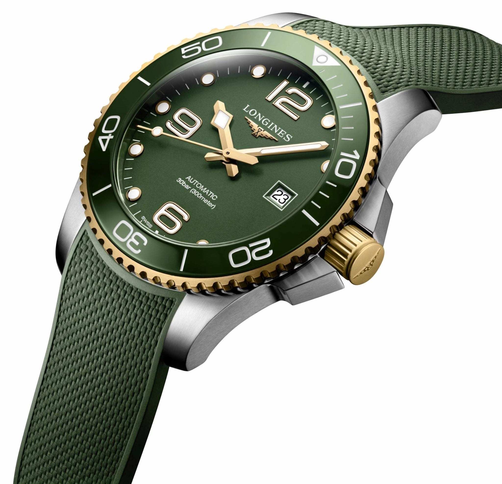 Longines HydroConquest Automatic Stainless Steel & Yellow Gold PVD Green Dial Green Rubber Strap Date Divers Mens Watch L3.782.3.06.9