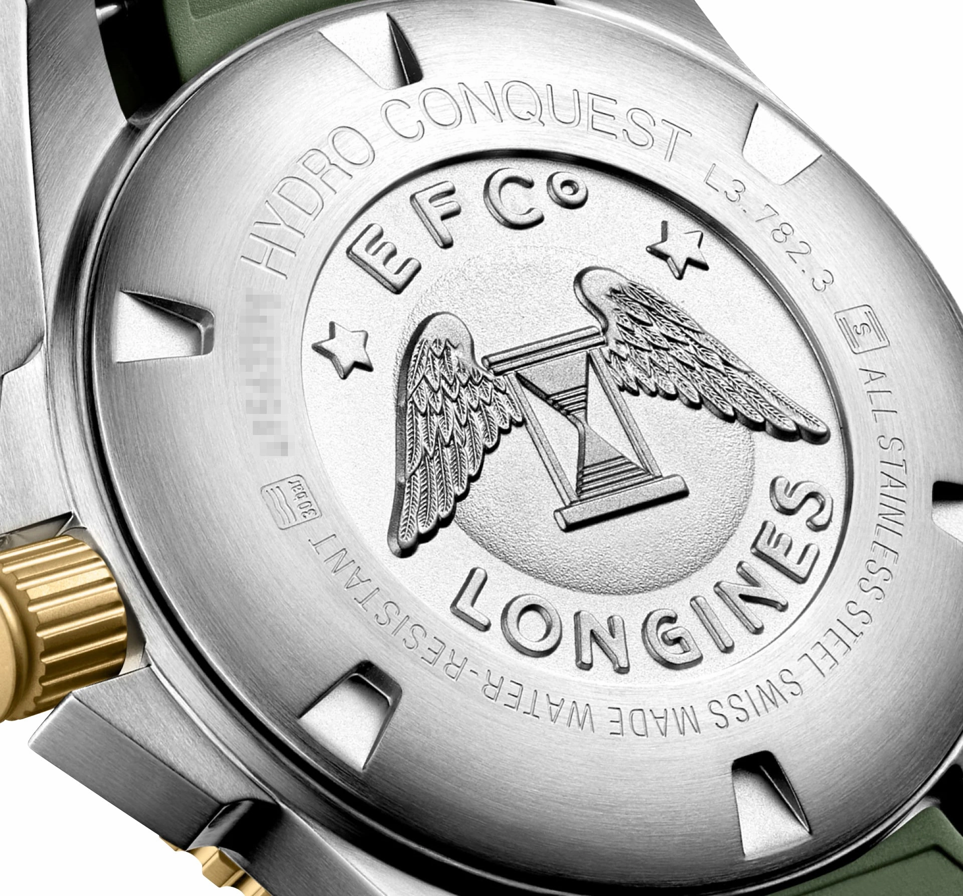 Longines HydroConquest Automatic Stainless Steel & Yellow Gold PVD Green Dial Green Rubber Strap Date Divers Mens Watch L3.782.3.06.9