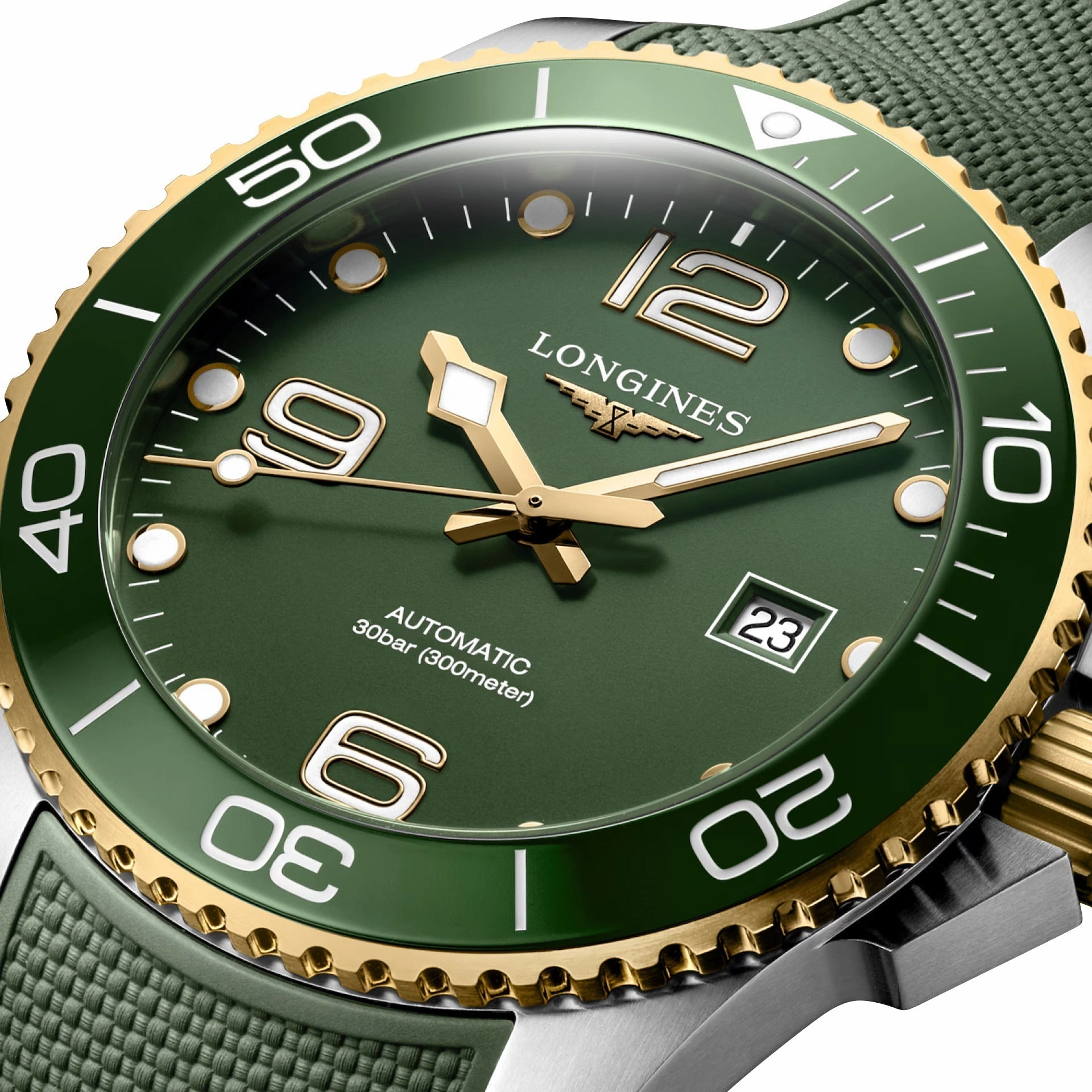 Longines HydroConquest Automatic Stainless Steel & Yellow Gold PVD Green Dial Green Rubber Strap Date Divers Mens Watch L3.782.3.06.9