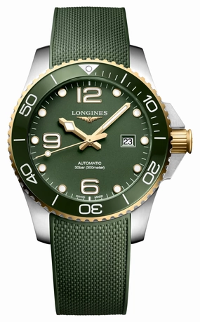 Longines HydroConquest Automatic Stainless Steel & Yellow Gold PVD Green Dial Green Rubber Strap Date Divers Mens Watch L3.782.3.06.9