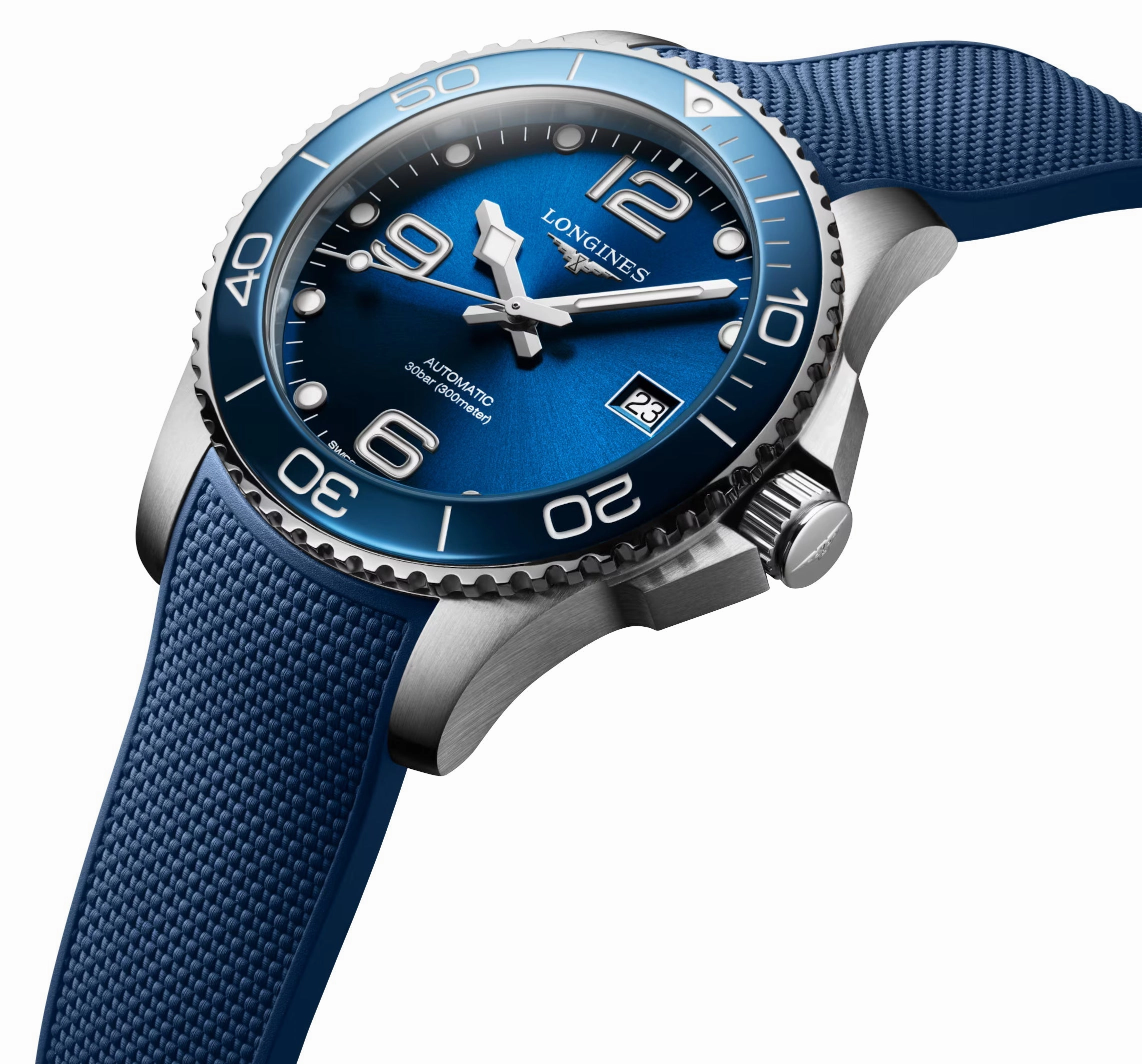 Longines HydroConquest Automatic Stainless Steel Blue Dial Blue Rubber Strap Date Divers Mens Watch L3.780.4.96.9