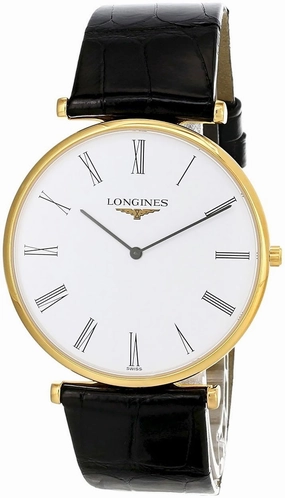 Longines La Grande Classique Yellow Gold PVD White Dial Black Leather Strap Quartz Mens Watch L4.766.2.11.2