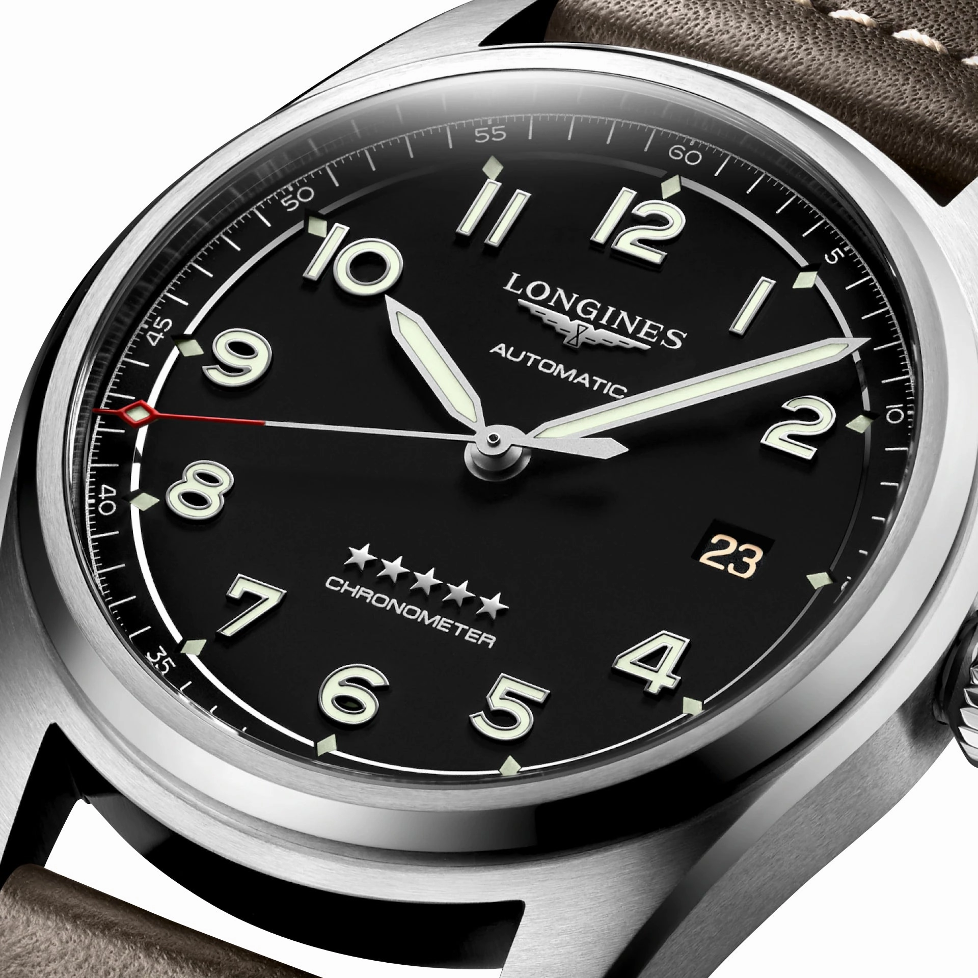 Longines Spirit Automatic COSC Stainless Steel Black Dial Brown Leather Strap Date Mens Watch L3.810.4.53.0