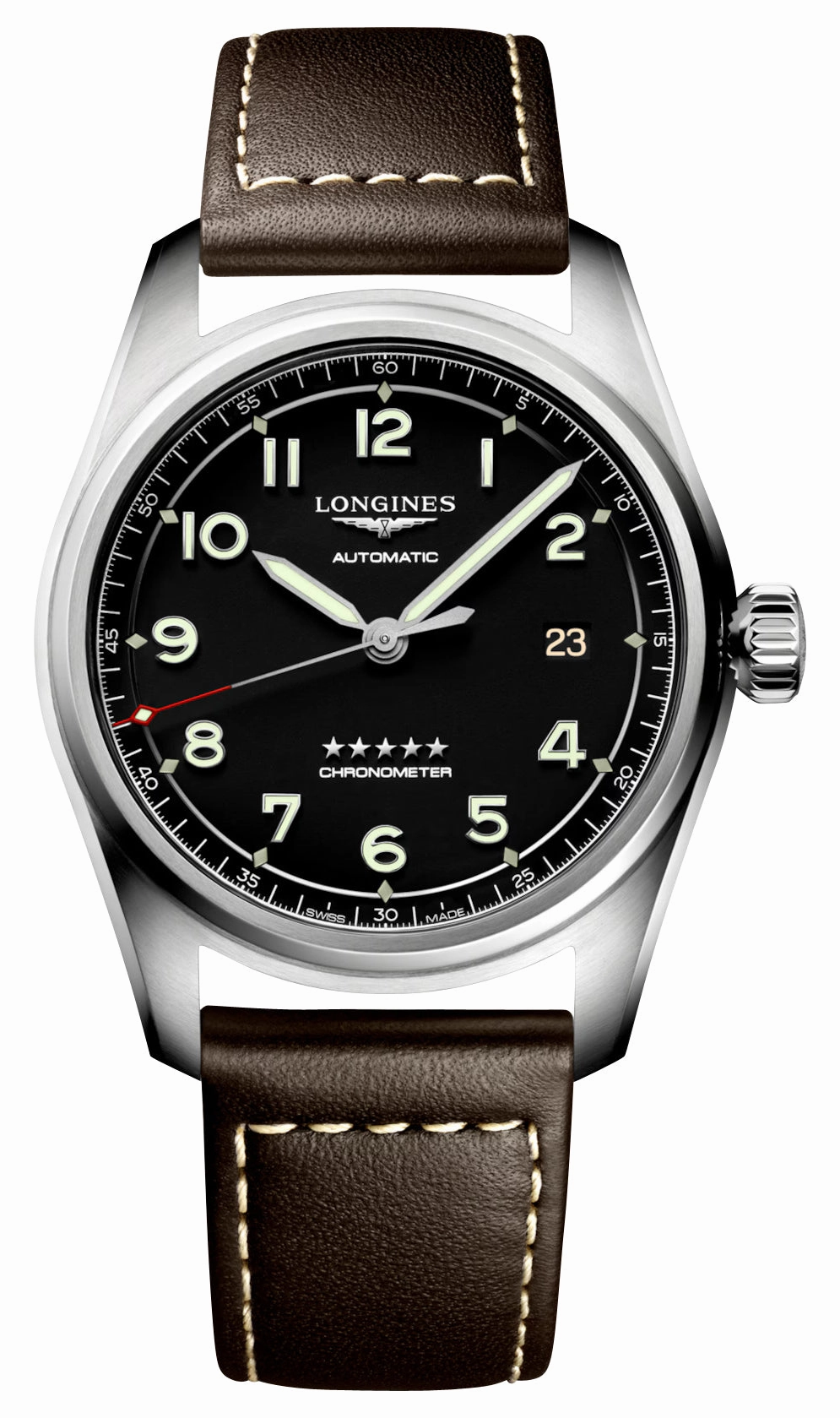 Longines Spirit Automatic COSC Stainless Steel Black Dial Brown Leather Strap Date Mens Watch L3.810.4.53.0
