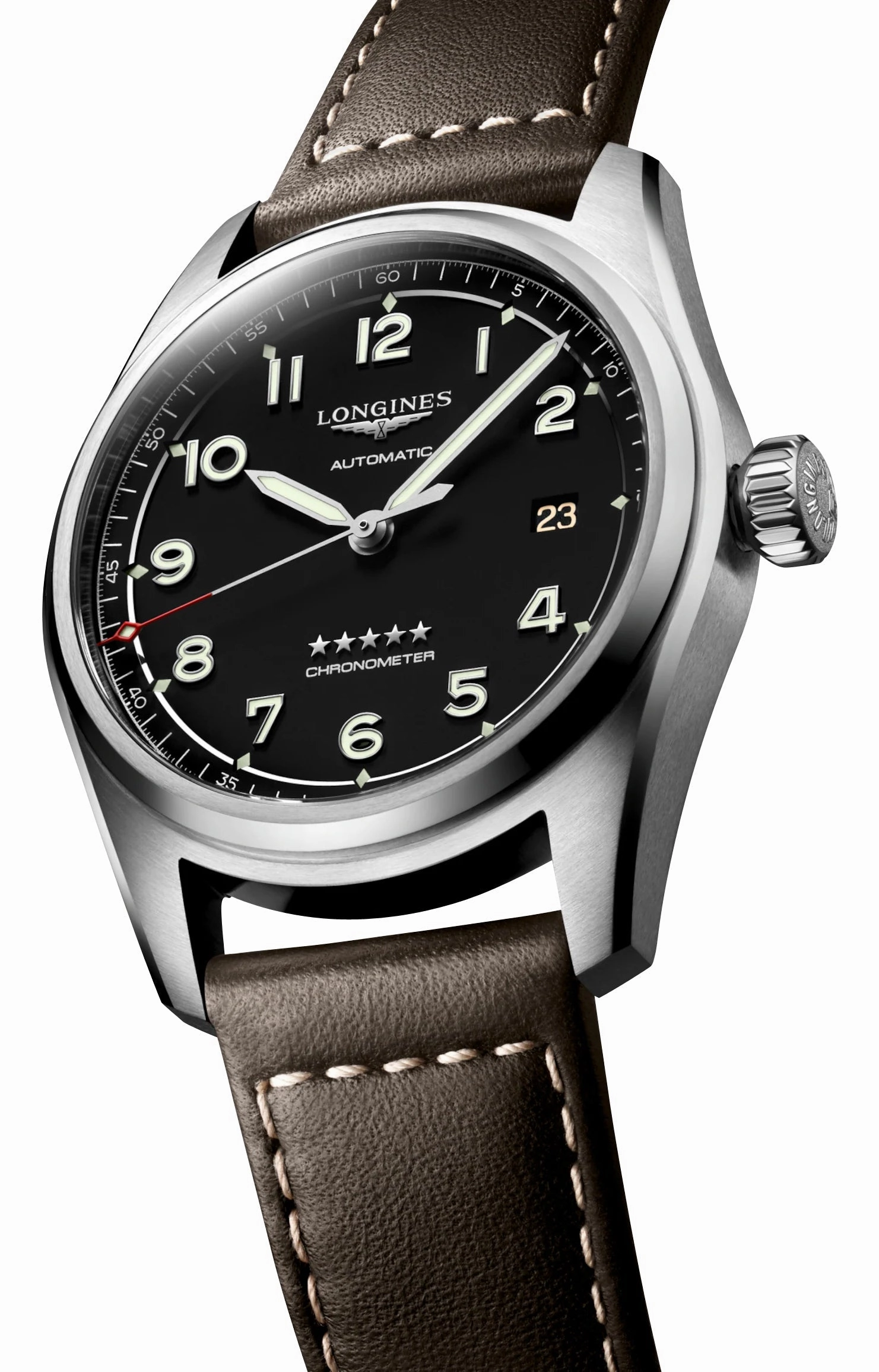 Longines Spirit Automatic COSC Stainless Steel Black Dial Brown Leather Strap Date Mens Watch L3.810.4.53.0