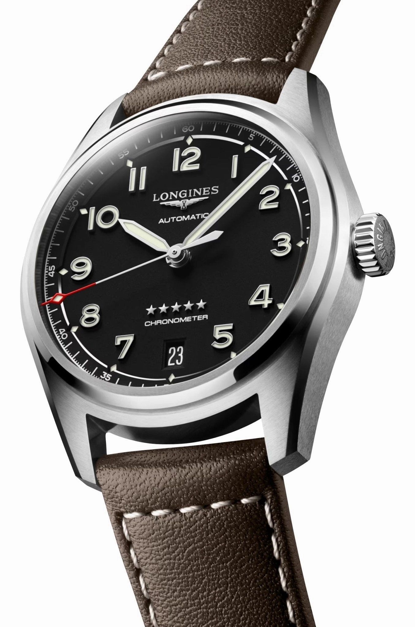 Longines Spirit Automatic COSC Stainless Steel Black Dial Brown Leather Strap Date Unisex Watch L3.410.4.53.0