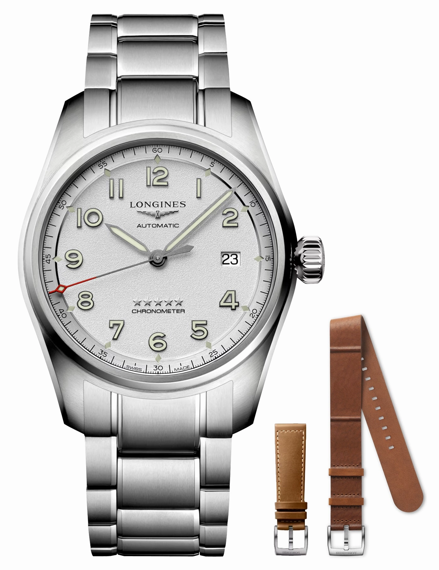 Longines Spirit Prestige Edition Automatic COSC Stainless Steel Silver Dial Interchangeable Brown Leather/NATO Strap Date Mens Watch L3.810.4.73.9