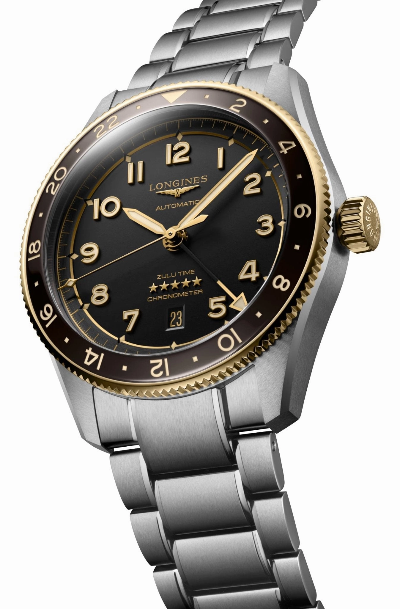 Longines Spirit Zulu Time Automatic GMT Chronometer Stainless Steel & 18K Yellow Gold Gray Dial Date Mens Watch L3.812.5.53.6