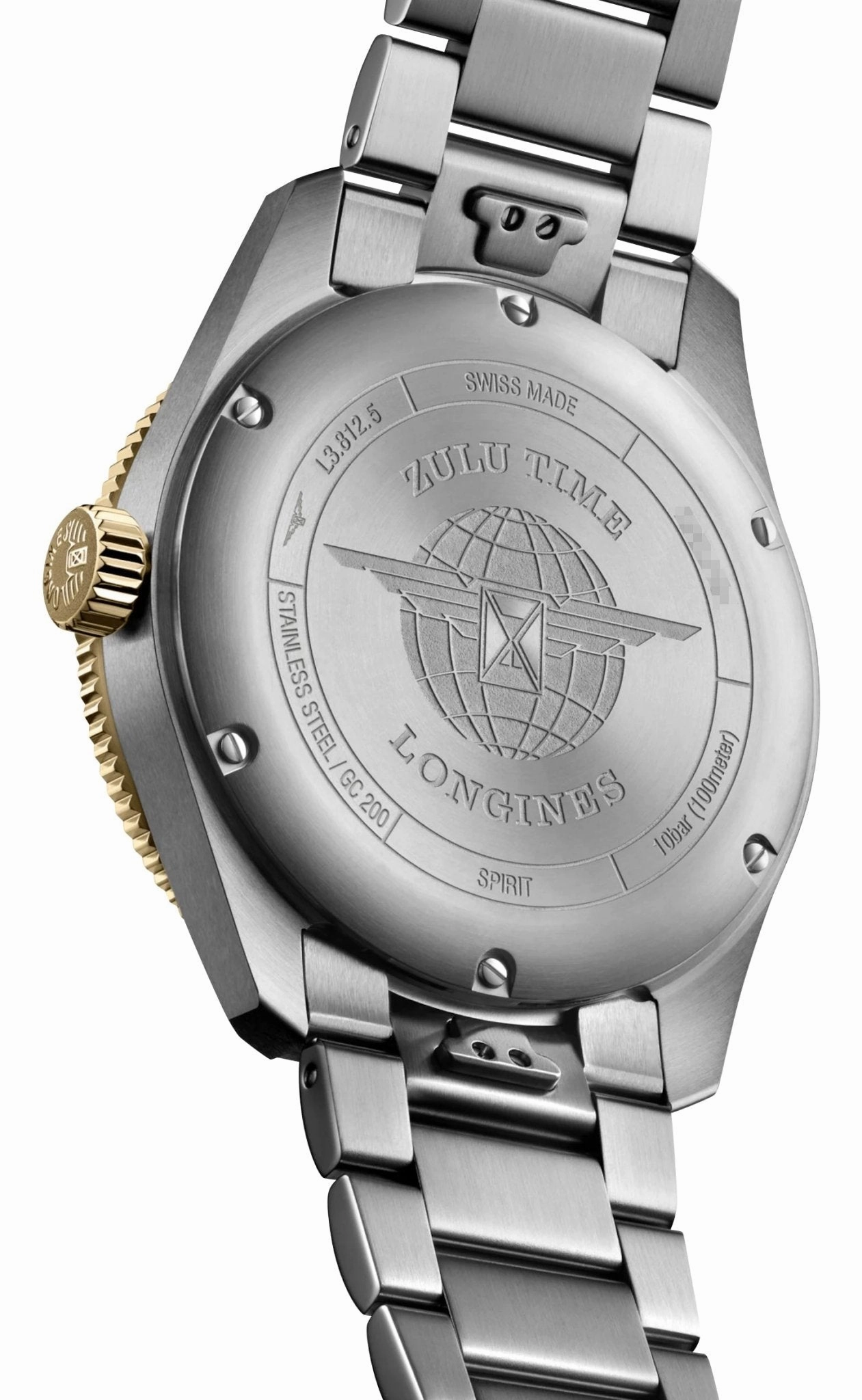 Longines Spirit Zulu Time Automatic GMT Chronometer Stainless Steel & 18K Yellow Gold Gray Dial Date Mens Watch L3.812.5.53.6