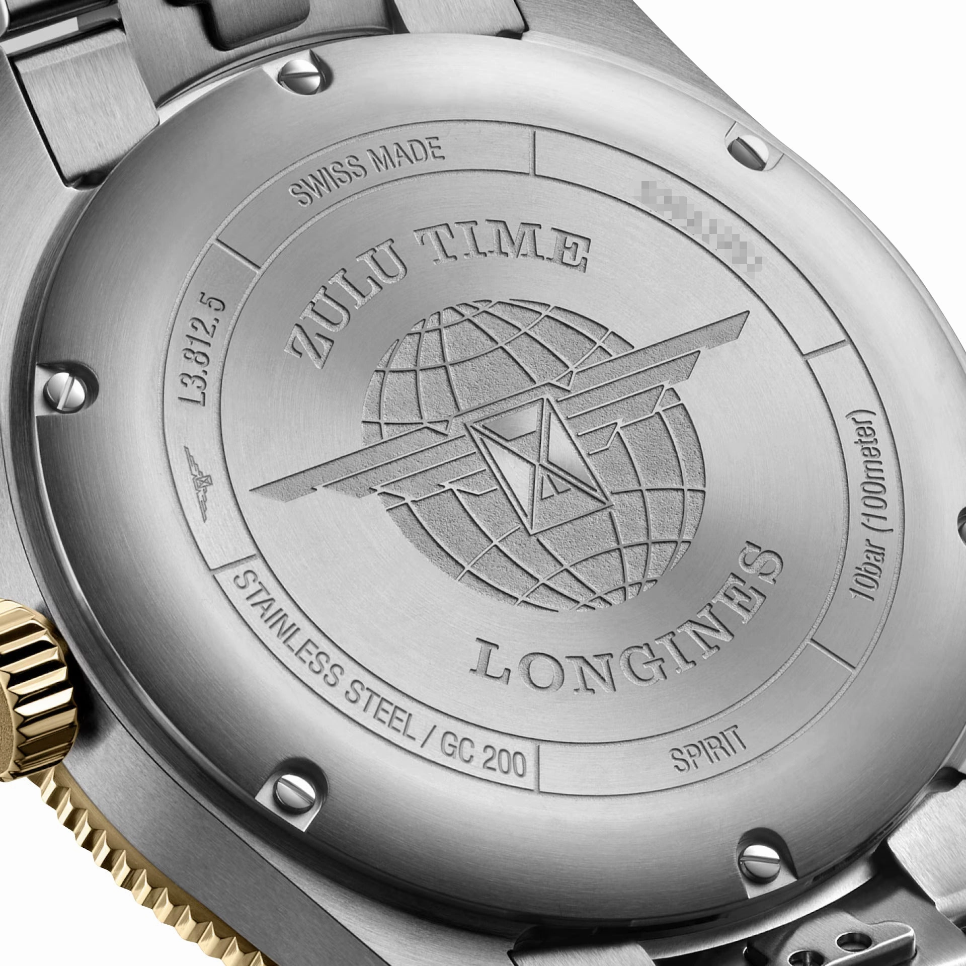 Longines Spirit Zulu Time Automatic GMT Chronometer Stainless Steel & 18K Yellow Gold Gray Dial Date Mens Watch L3.812.5.53.6