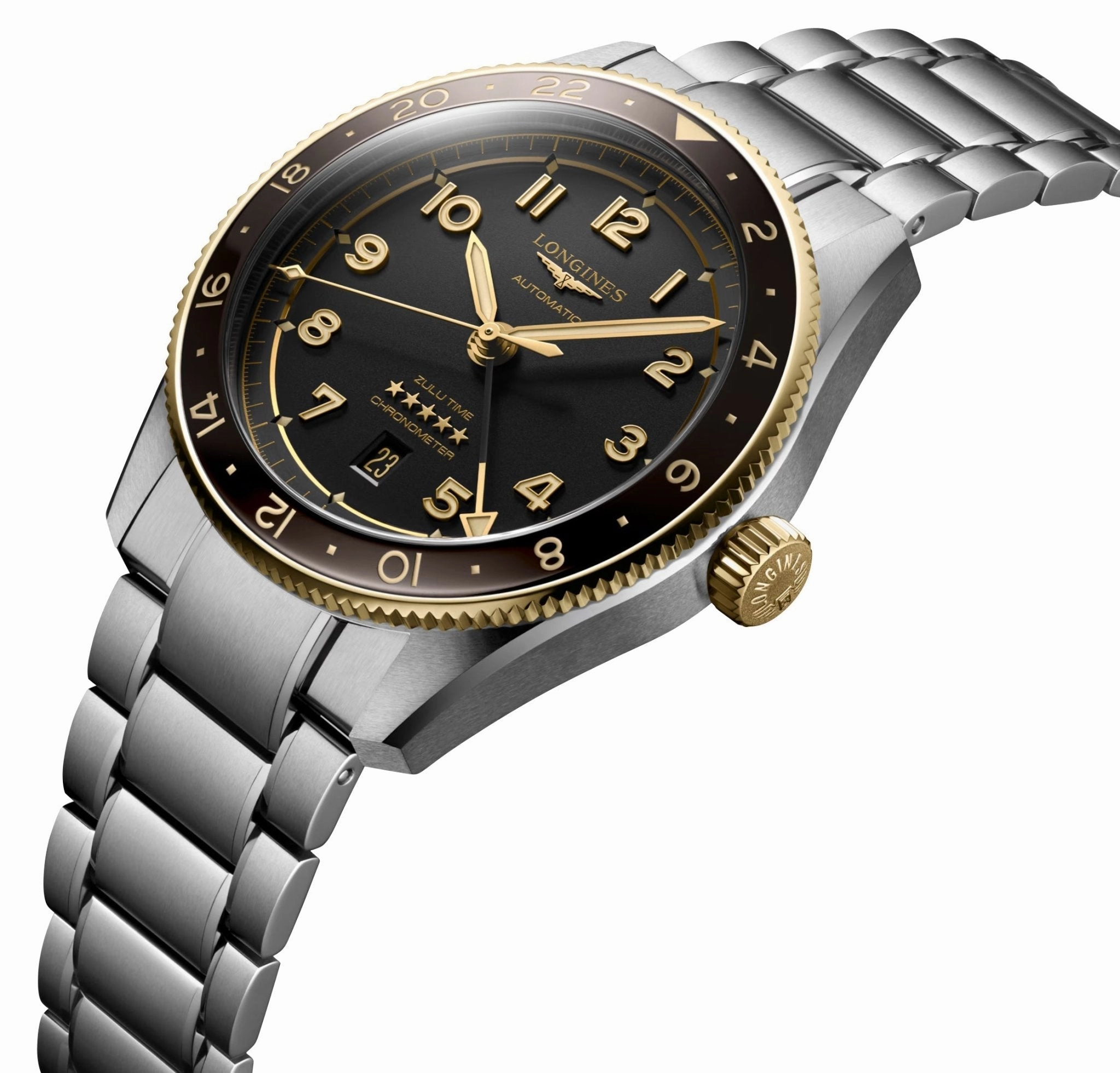 Longines Spirit Zulu Time Automatic GMT Chronometer Stainless Steel & 18K Yellow Gold Gray Dial Date Mens Watch L3.812.5.53.6