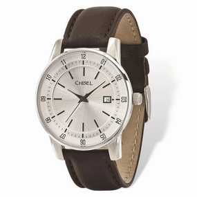 Mens Chisel Stainless Steel Silver Dial Brown Leather Watch