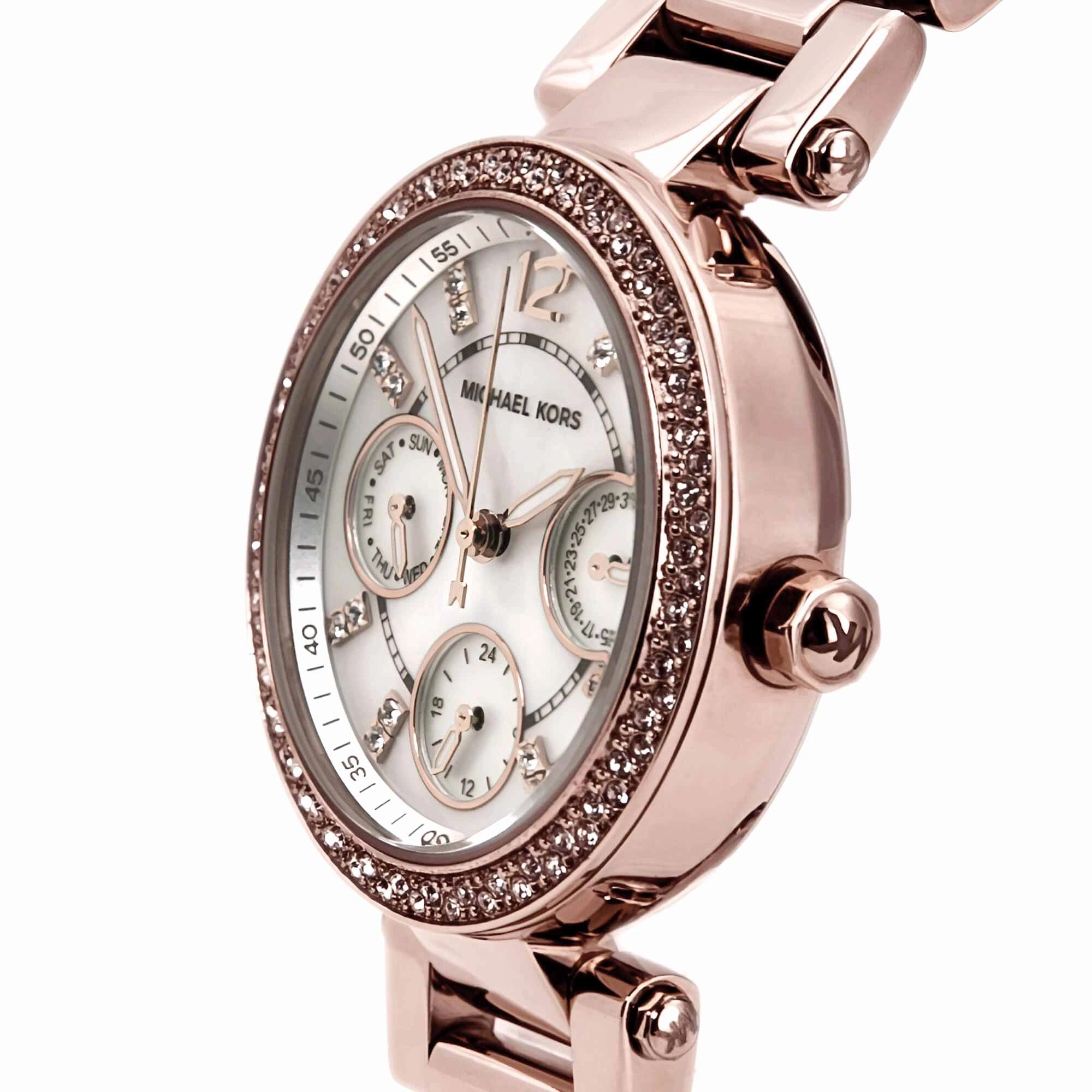 Michael Kors MK5616 Women's Parker Mini Rose Gold Steel Bracelet Crystal MOP Dial Day Date Watch