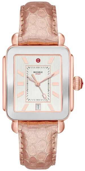 Michele Deco Sport Rose Gold Leather Silver Dial Date Womens Watch MWW06K000039