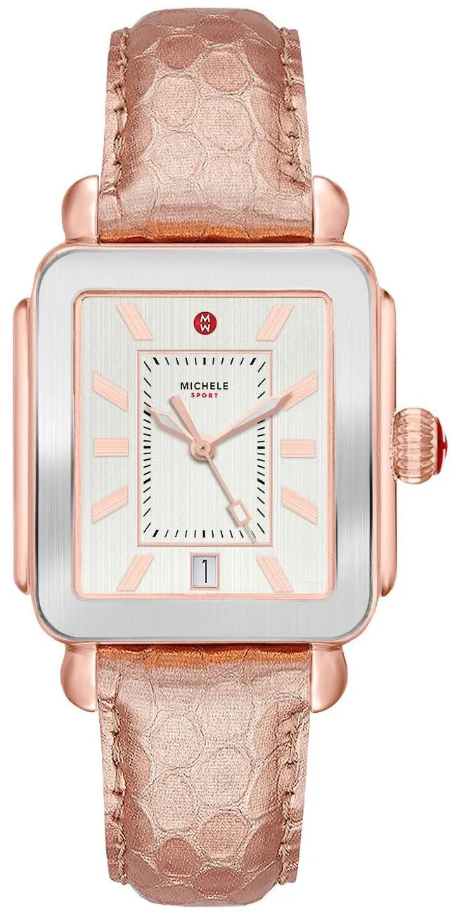 Michele Deco Sport Rose Gold Leather Silver Dial Date Womens Watch MWW06K000039