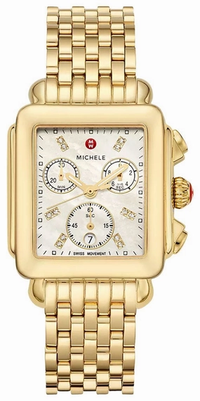 Michele Deco Chronograph 18K Gold-Plated Steel Diamonds Mother-of-Pearl Dial Date Rectangle Womens Watch MWW06A000780