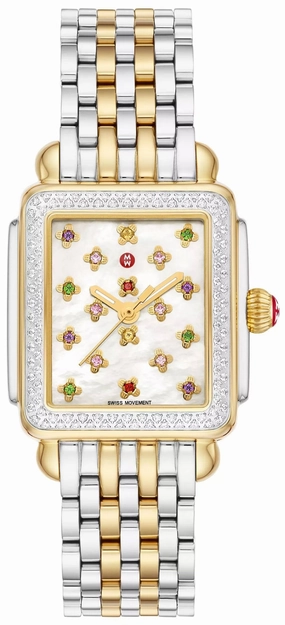 Michele Deco Fleur Special Edition Two-Tone 18K Gold-Plated Stainless Steel Diamonds Mother-of-Pearl Floral Dial Women's Watch MWW06G000039