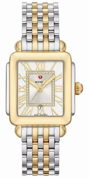 Michele Deco Madison Mid Two-Tone Steel Diamonds Silver Dial Date Rectangle Womens Watch MWW06G000013