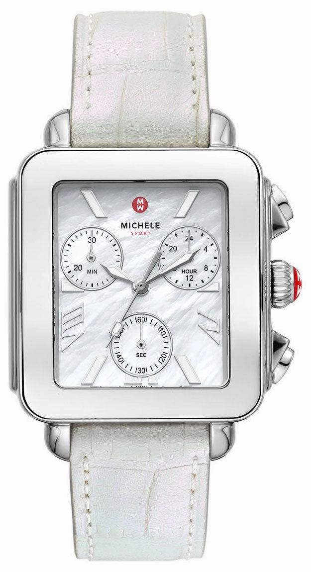 Michele Deco Sport Chronograph Mother-of-Pearl Rectangle Dial White Leather Women's Watch MWW06K000066