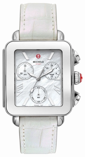 Michele Deco Sport Chronograph Mother-of-Pearl Rectangle Dial White Leather Women's Watch MWW06K000066