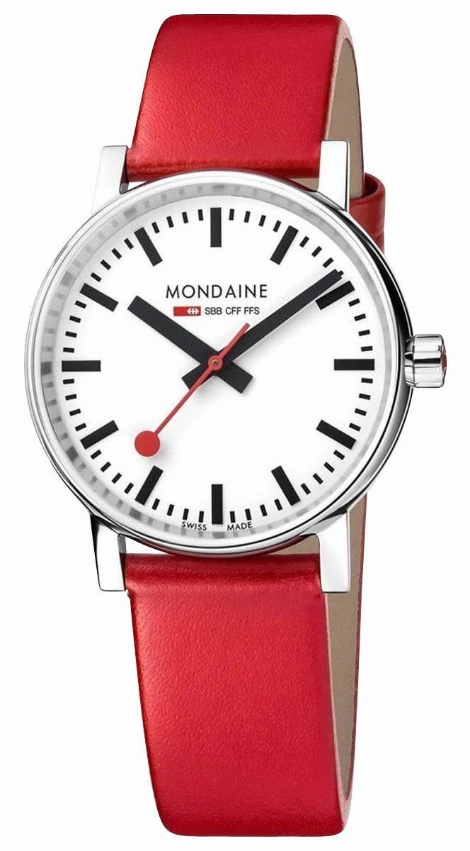 Mondaine EVO2 Stainless Steel White Dial Red Leather Strap Quartz Unisex Watch MSE.35110.LC