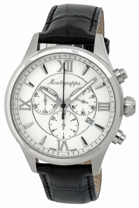Montegrappa Fortuna Chronograph Date White Dial Black Leather Strap Quartz Men's Watch IDFOWCLJ