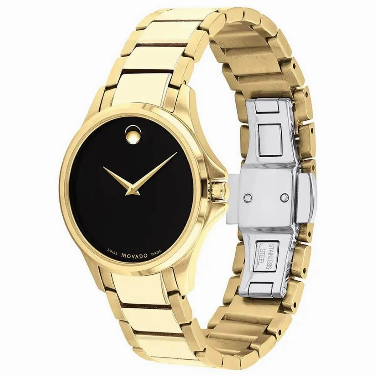 Movado Men's Quartz Watch - Ario Yellow Gold Bezel Black Dial Bracelet | 0607448