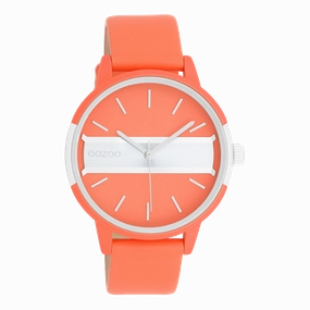 Neon red/gold coloured OOZOO watch with neon orange leather strap - C11190