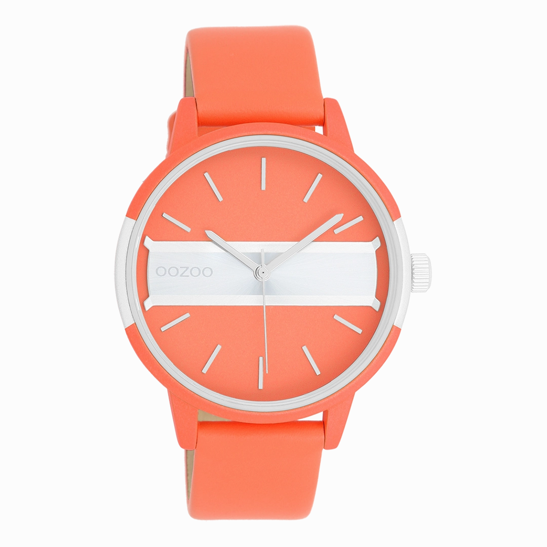 Neon red/gold coloured OOZOO watch with neon orange leather strap - C11190