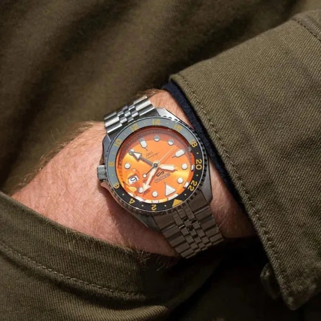 New 5 Sports Men Automatic Orange Dial Analog Stainless Steel Watch SSK005K1