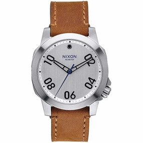 Nixon Men's Quartz Watch - Ranger 40 Silver Tone Dial Brown Leather Strap | A4712092