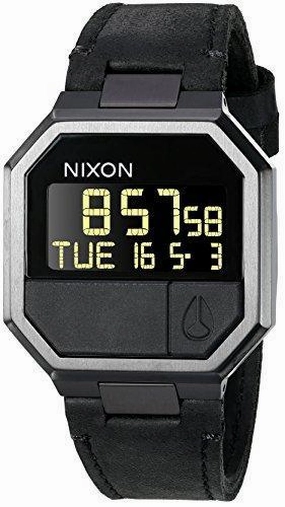Nixon Men's Strap Watch - Re-Run Leather Digital Dial Black Leather | A944001